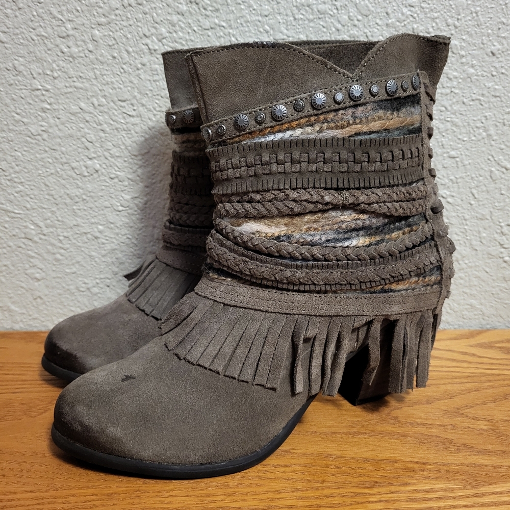 Naughty Monkey Brown Leather Fringe Poncho Heeled Booties Size 8